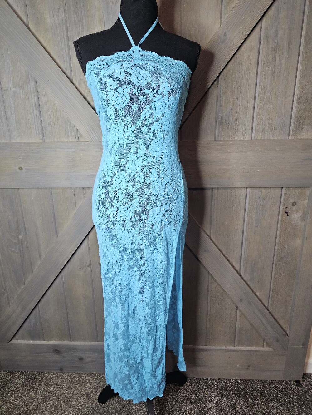 Vintage Victoria's Secret Blue Lace Halter Maxi Nightgown sz Small